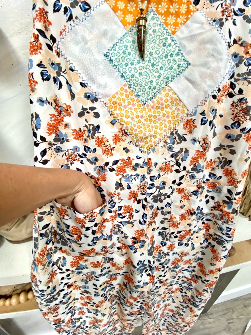 Artisan Upcycled patchwork boho floral overalls w prairie cottagecore vibe - Picture 4 of 15